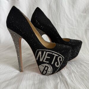 Herstar Limited Edition Brooklyn Nets Black and Silver Crystal Pumps‎